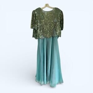 Peak Starlink Vintage Formal Dress Hand Beaded/Sequined Turquoise sz 14 2 piece